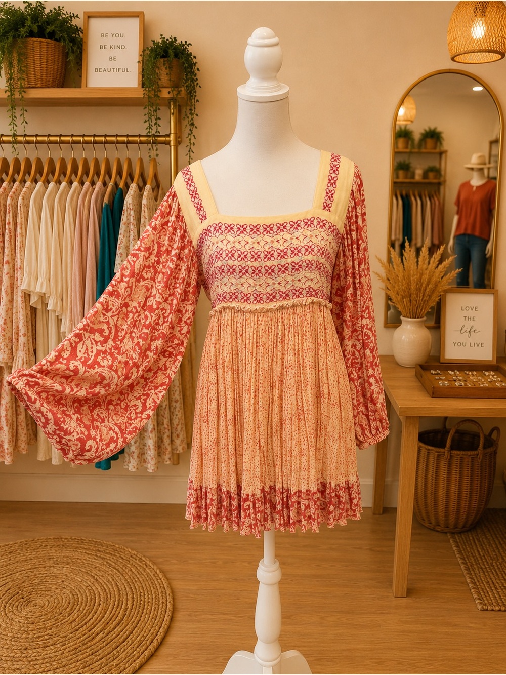Myra Bag Boho Embroidered Mini Dress Large Orange Cream Smocked Back - Picture 1 of 2